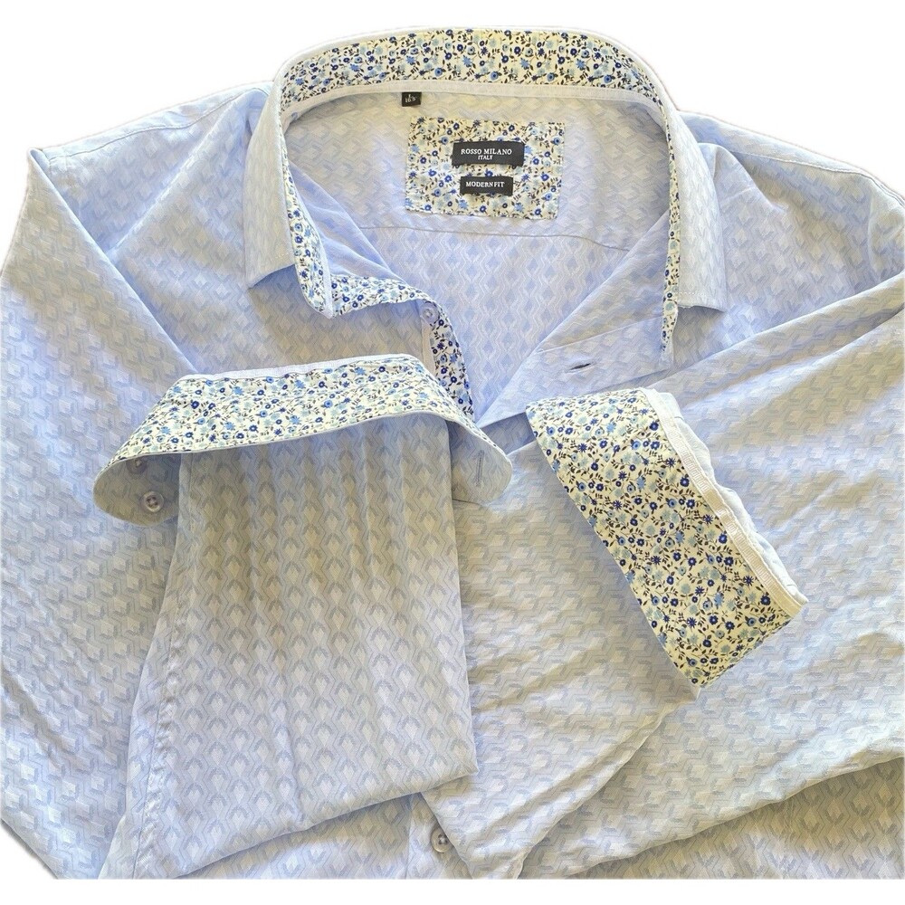 Rosso Milano Italy Dress Shirt Men L 16.5 Modern Fit Blue Floral Collar Trim